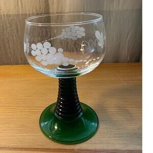 Vintage Luminarc Roemer Cordial Glass Etched Grapevine Green Stem